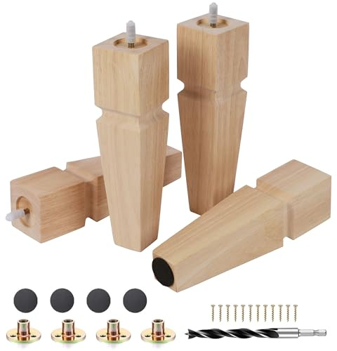 10 Inch Square Unfinished Oak Furniture Legs - Heavy Duty Mid Century Tall Wooden Legs Set of 4 for Tables, Bench, Ottomans - with Installation Hardware (Natural)