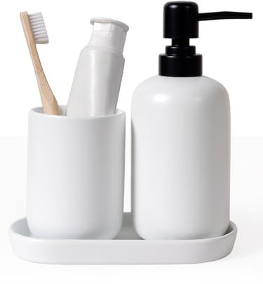 Autumnlife Badezimmer Set Weiß – 3-Teilig Keramik Badezimmer Zubehör Set mit Schmal Seifenspender, Zahnputzbecher & Ablageschale, Praktisch Bad Set für Gäste-WC, Waschbecken & Hotel