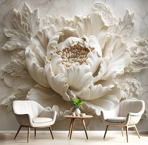 GSAEIMCT Cream Mural Photo Wallpaper,Peony Flowers Wallpaper for Living Room Tv Backdrop Office,3D Effect Relief Plants Large Wall Mural Paper Decoration Poster Picture,350X260Cm
