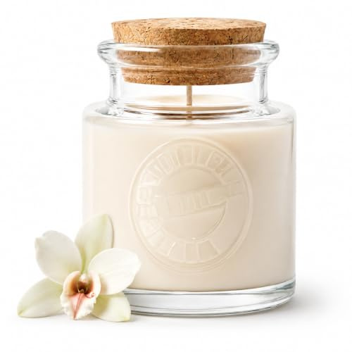 TRAMPK Vela Aromática Vainilla Black Vanilla de Soja 180 g, Vela Perfumada para Hogar, Vaso de Vidrio Reciclado Reutilizable con Tapa de Corcho