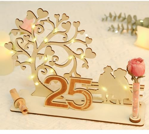 ARTREE Geldgeschenk 25 Jahre Ehe – Silberhochzeit Holz Deko mit Herzbaum & LED – Geschenkidee zum 25. Hochzeitstag