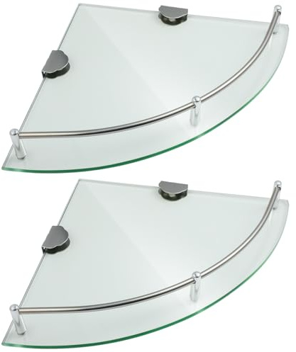 MUELODSIC 2 pièces Étagère Angle Verre Trempé avec Support INOX pour Salle de Bain Lot de Fixation Murale Stable Rangement Gain de Place pour Cuisine
