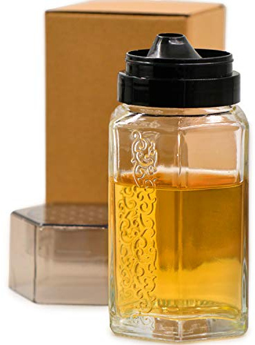 TOSSOW Honey Dispenser Glass Honey Jar Container black (350ml) | with Lid and No Drip Plastic Pour Spout, Oil Dispenser Vinegar dispenser for Home Cooking