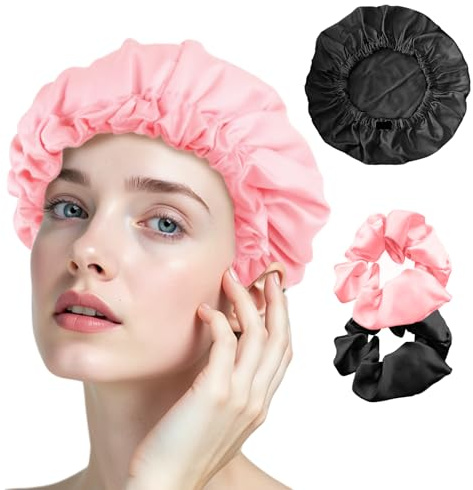 2 Stück Seidenhaube zum Schlafen für Lange Haare – Weiche & Luxuriöse Schlafhaube aus Seide, Dank seiner verstellbaren als Perfekte Haarhaube für die Nacht（Schwarz + Rosa）