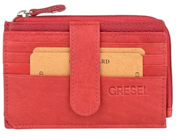 GRESEL Portacarte Uomo Donna Vera Pelle Morbida, Sottile Slim, Porta Carte Credito con Zip Monete Banconote, Rosso