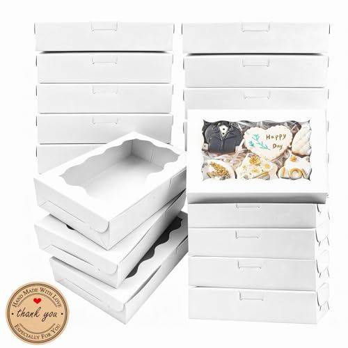 QingWing 20 Stück 18 x 11 x 4cm Kraftpapierboxen Mit Klarem Fenster Weiß | Kraftpapier Gebäckkarton, Geschenkbox Kraftpapier mit 21 Runden Aufklebern für Cookies Cupcakes Süßigkeiten Verpackung