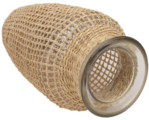 Nordische Blumenvase aus Glas und Rattan, 1 Stück Khaki | Gewebte Grasoptik, Flacher Standfuß und Glatte Oberfläche, für Hydroponikpflanzen oder Schnittstiele