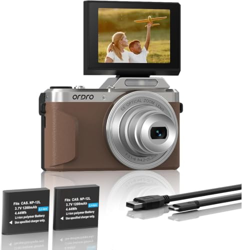 ORDRO Fotocamera digitale 4K con zoom ottico 6X e schermo flip a 180°, design retrò vintage, autofocus anti-shake, flash integrato e WiFi, fotocamera perfetta per viaggi e vlogging, YouTube (marrone)