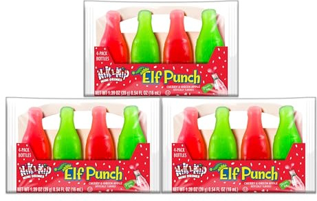 Nik-L-Nip Mini Drinks Candy Elf Punch (Cherry & Green Apple) Wax Bottles I 4's Pack of 3 I US Import