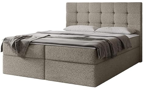 Mirjan24 Boxspringbett Gazel Boucle mit 2 Bettkasten, Bonell-Matratze und Topperr, Continentalbett, Polsterbett, Amerikanisches Bett, Ehebett, gepolstertes Kopfteil (Lambi 03, 140 x 200 cm)