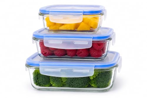 Recipientes de Cristal para Alimentos Set de 3 con Tapa Hermética y Válvula de Aire | Fiambreras Rectangulares Aptas Horno, Microondas, Congelador y Lavavajillas (Set 3u 370ml 640ml 1040ml Con Caja)