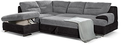 Mivano Schlafsofa Coast / Großes Ecksofa mit Schlaffunktion, Stauraum und Ottomane links / 264 x 88 x 217 / Materialmix: Grau/Schwarz