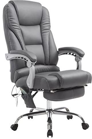 CLP Bürostuhl Pacific Kunstleder I Massage-Funktion I Ergonomisch, 360° Drehbar Mit Fußablage I Höhenverstellbar, Neigbare Rückenlehne, Farbe:grau