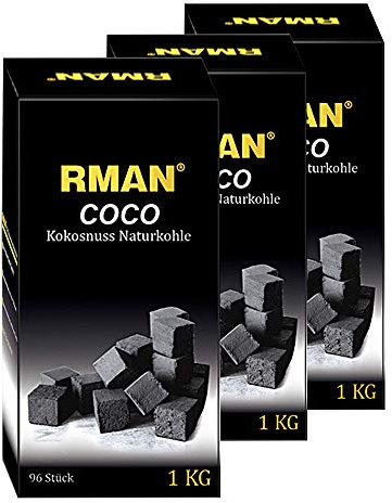 RMAN® Shisha Kohle 3kg Kokosnuss Naturkohle Kohlenstoff Kohle für Shisha | 20 x 20 mm | 288 Würfel | bis zu 130 Minuten Brenndauer