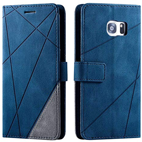 SONWO Hülle für Samsung Galaxy S7 Edge, Premium Leder PU Handyhülle Flip Case Wallet Silikon Bumper Schutzhülle Klapphülle für Galaxy S7 Edge, Blau