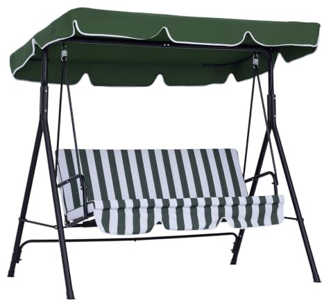 Outsunny Columpio de Jardín Exterior 3 Plazas 172x110x153 cm Verde | Balancín de Jardín Exterior, Techo Ajustable, Cojín, Marco de Acero, para Balcón Terraza Patio, Carga 240 kg