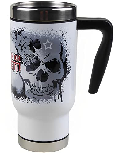 Fördeblau Totenkopf Edelstahl Thermobecher mit Spruch 'Meistens bin ich ganz nett' – 470ml Reisebecher, Handbedruckt, Für Heiß- und Kaltgetränke, praktisches Geschenk mit Totenschädel Design
