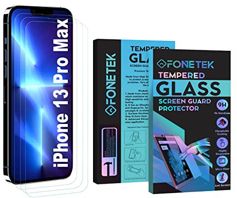Fonetek® Pack of 3, To Fit iPhone 13 Pro Max, TEMPERED GLASS 9H Hardness LCD Screen Protector Guard Case Cover for Apple iPhone 13 Pro Max