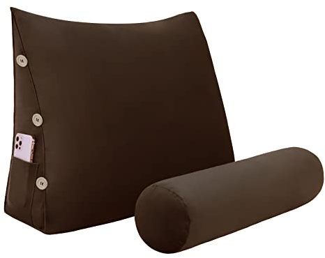 Johnear Rückenkissen mit Nackenrolle Abnehmbarer aus Samtweich Nackenkissen Rückenlehnen Sofa Kissen Bücherkissen Lesekissen Dreieck Keilkissen Nackenstütze(Braun, 60 x 22 x 50 cm)