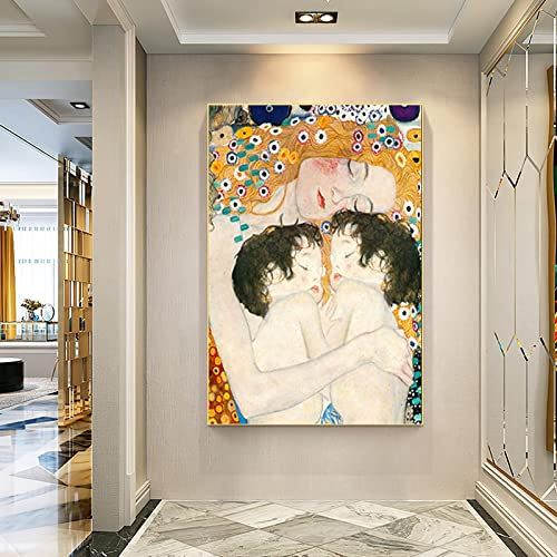 Madre Amor Gemelos Bebé De Gustav Klimt Pintura De La Lona Pintura De La Acuarela En La Lona Cartel Nórdico Cuadros De Pared Decoración Para El Hogar 65x90cm (26x35in) Con Marco