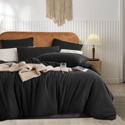 Luowei Bettwäsche 135x200 cm Baumwolle Schwarz Bettbezug 2teilig 100% Gewaschene Baumwolle Bequem Atmungsaktiv Oeko-TEX Zertifiziert Bettwäsche mit 1 Kissenbezug 80x80 cm und Reißverschluss