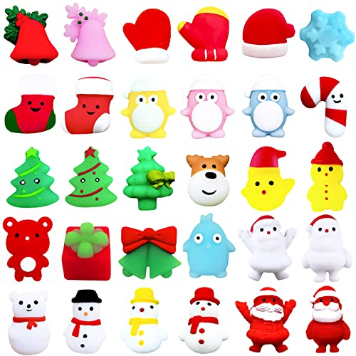 POPOYU Weihnachten Mini Mochi Squishy Set,Squeeze Spielzeug für Kinder,30 Stück Kawaii Mini Soft Mochi Squishy Spielzeug,Weihnachts Stretchy Stress Relief Spielzeug für Weihnachtsfeier Taschenfüller