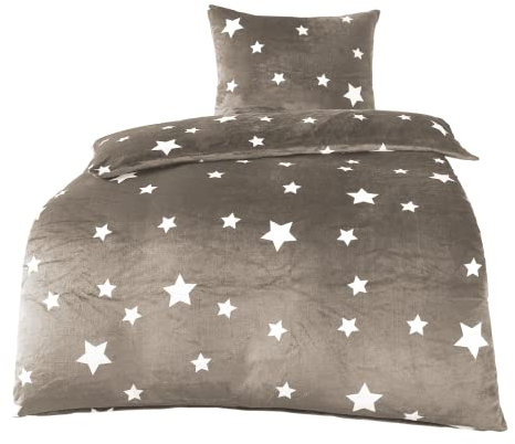BaSaTex Winter Plüsch Bettwäsche Set Sterne Nicky-Teddy Cashmere-Touch | 135x200 155x220 + 80x80 Kissenbezug | Größe: 155x220 | Farbe: Taupe Braun-Beige