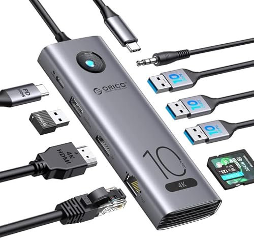 ORICO 10Gbps Docking Station,10-in-1 USB C Hub to 4K@60Hz HDMI, 3×USB 3.2 10G,USB 3.0,100W PD,SD/TF Card Reader,Gigabit Ethernet,Audio for Dell/Surface/HP/Lenovo Laptops