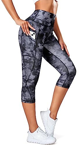 STARBILD Damen Leggings 3/4 mit Taschen, Capri Blickdicht Yogahose High Waist, Sport Hosen Workout Gymnastik, K9900-mit Taschen-Batikdruck M