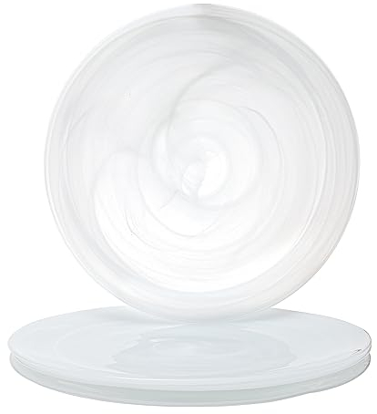 Vikko Set di 4 piatti piani in alabastro bianco, 33 cm, con design marbelizzato, design a spirale, elegante caricabatterie in vetro, lavabile in lavastoviglie