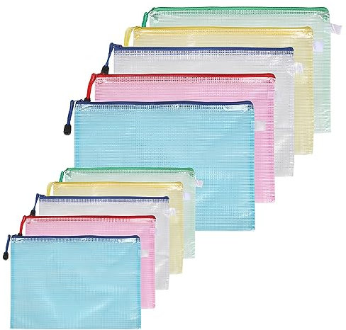 Awilnax Plastic Wallets A4 Zipper File Folders A5 Mesh Document Zip Lock Bags for School Supplies, Office, Homework,File Storage, Kids Puzzle Storage Bags - 10PCS (A4 A5 Size) (10)