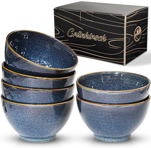 Grünhirsch Müslischalen Premium [6 x 550ml] Suppenschalen Porzellan Blau – Dessertschalen - Keramik Schüsseln Set für Nudeln - Salat und Servierschalen für Obst oder Reis
