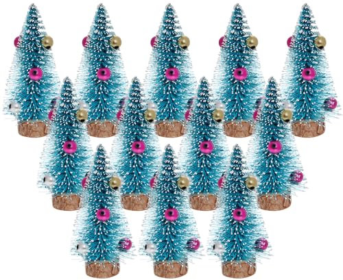 Yookat 12Pcs Mini Christmas Trees Bottle Brush Trees Small Sisal Trees Mini Pine Trees with Wood Base Small Bottle Brush Trees for Christmas Winter Decoration (Blue)