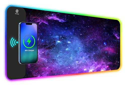 ToLuLu RGB Gaming Wireless Charging Mouse Pad, 7.5/10/15W 10 Light Modes LED Mouse Pad Computer Keyboard Mat Mousepad, 800x300x4MM Extended Large Desk Mat for MacBook, Laptop, PC, Purple Galaxy Space