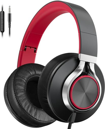 Ailihen Wired Headphones with Microphone and Volume Control, Over-Ear Foldable Corded Stereo Headsets for Teens Adults 3.5mm for Computers, Chromebooks, Tablets (Red)