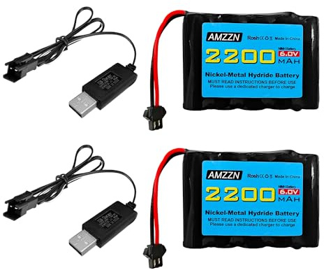 AMZZN 2PCS 6.0V 2200mah SM-2P Stecker AA NiMH Batterie mit USB Ladekabel für TB141 TB142 DE37 ferngesteuertes Spielzeugauto, ferngesteuerte Bagger LKW Engineering Fahrzeug Backup Batterie