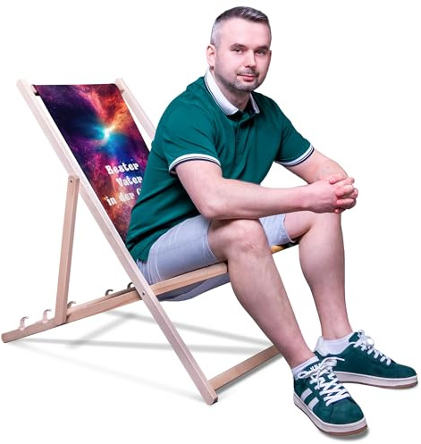 DreamRoots Vatertagsgeschenk Liegestuhl Holz klappbar, mit Spruch | Vatertagsgeschenk, Klappliegestuhl Holz Buchenholz, bis 130 kg, verstellbar, waschbarer Bezug, für Garten & Terrasse