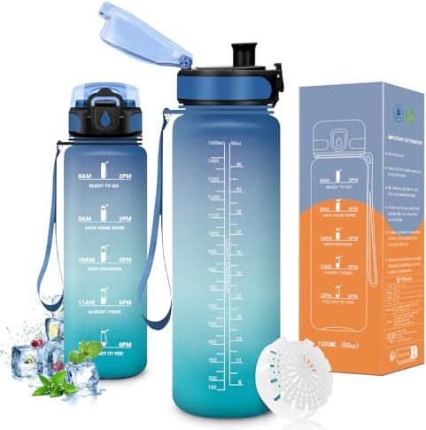 Vikaster Gourde de sport, Gourde 1.5l, sans BPA, Étanche & Réutilisable, Convient Pour la Gym, Yoga, Camping, Sport, Gourde Randonnée, B-bleu Vert