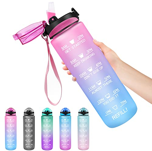Wolepaz 1L Water Bottle with Straw, 1 Litre Motivational Sport Water Bottle with Time Maker, Leakproof BPA-free Drink Bottle for Outdoor, Fitness, Cycling, Gym, School & Office (Pink Blue)