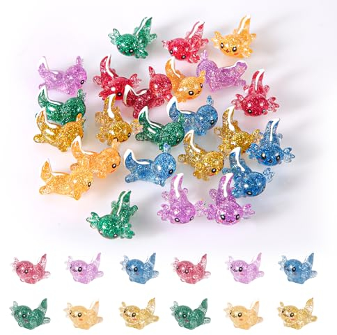 XIHIRCD 24 Stück Mini Axolotl Figuren, Glitzernd Miniatur-Axolotl, Kleine Tierfiguren für Heimwerker Handwerk Garten Landschaft Puppenhaus Aquarium-Ornament Geburtstag Party Dekorationen (6 Farben)