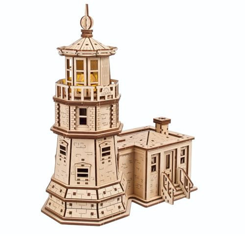 UGEARS Split Rock Lighthouse 3D Puzzle – DIY Miniatur-Bausatz Holzmodelle für Erwachsene zum Selberbauen mit LED-Nachtlicht - 3D Holzpuzzles für Erwachsene - Bastelgeschenke für Ingenieure - 295 Teile