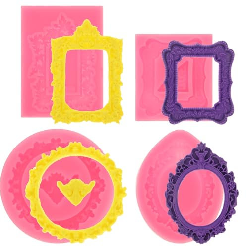 COMNICO Lot de 4 moules à fondant en silicone pour cadre photo - Style baroque - Rose - Moule à gâteau vintage - Moule à cadre en argile polymère - Pour cupcakes et bonbons