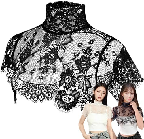 (Pour femmes de moins de 55 kg) 2 pièces noir et blanc en dentelle ras du cou pour femmes et filles, faux cache-cou détachable avec motif floral, noir et blanc, Under 60kg