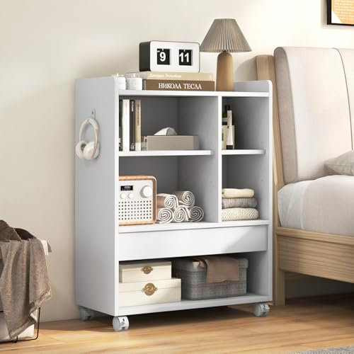 Multigot Mobile End Table, Wooden Sofa Side Table on Wheels with Drawer, Adjustable Shelves, Open Compartments and Hooks, Corner Tea Table Storage Bedside Cabinet for Living Room Bedroom (White)