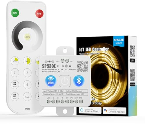 FCOB WiFi Bluetooth Controllore LED SP530E e RB1 2.4Ghz DIM RF Remoto Kit | Dimmerabile Compatibile Alexa Google Assistant per Strisce LED Monocolore COB SMD PWM SPI DC5V DC12V DC24V
