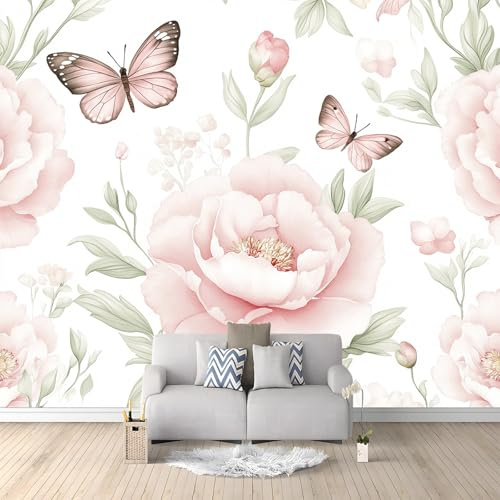Fototapete 200 x 140 cm 3D EFFEKT Wand Dekoration Anpassbar Tapete Eleganter Schmetterling Blumen für Wohnzimmer, Schlafzimmer, Flur Modern Vlies Tapete Vliestapete Wandtapete Kinderzimmer Rosa Weiß