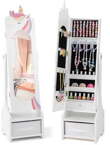 DREAMADE 2-in-1 Neigungsverstellbarer Kinderspiegel aus Holz, Freistehender Standspiegel mit Schmuckschrank & Stoffbox für Kinder ab 3 Jahren (Weiß, Einhorn 1)