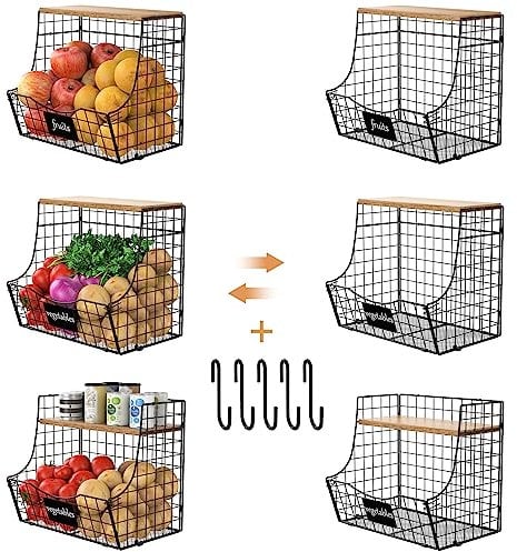 3 pcs de fruits de cuisine à couvercle en bois - stockage mural d'oignons et de pommes de terre avec plaque signalétique, panier suspendu en fil métallique armoire de rangement de comptoir de cuisine