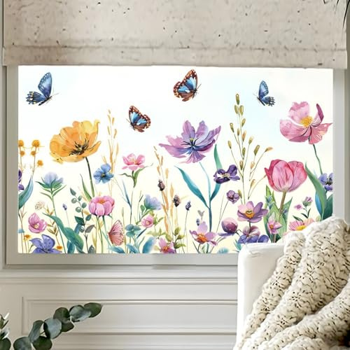 Doppelseitig Blumen Schmetterling Fensterdeko, Blumen Schmetterlinge Frühlingsdeko Fenster, Fenstersticker Blumen Pflanzen Fensteraufkleber, Wiederverwendbar Fenstersticker für Wohn (C,30 * 60CM)