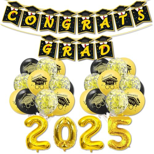 Abschlussfeier Deko Set 2025 Congrats Girlande Zahlen Folienballons Luftballons Konfetti Ballon Dekoration für Abi Uni Schulabschluss Party Fotohintergrund Partyzubehör für Jungen Mädchen Studenten